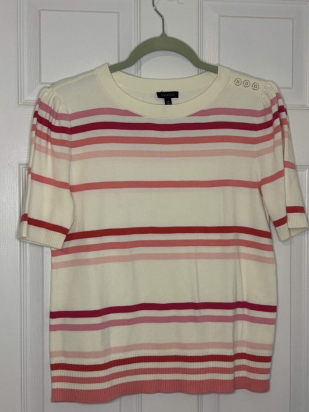 Talbots Short Sleeve Striped Knit Sweater Pink Red Cream Size M
